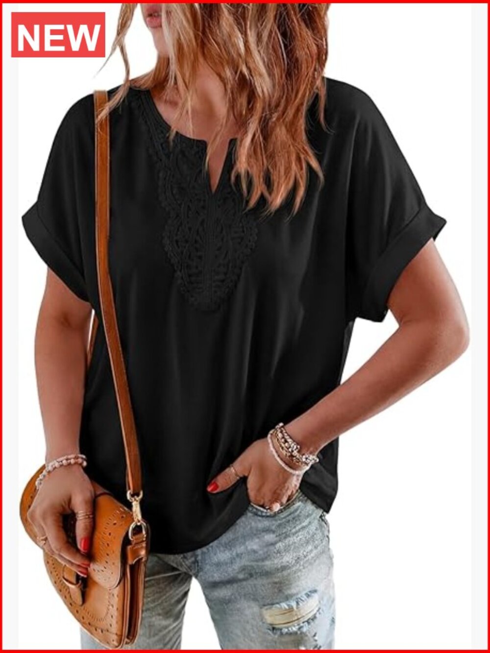 Dressy Casual V Neck Short Sleeve Boho T Shirts with Lace Embroidery